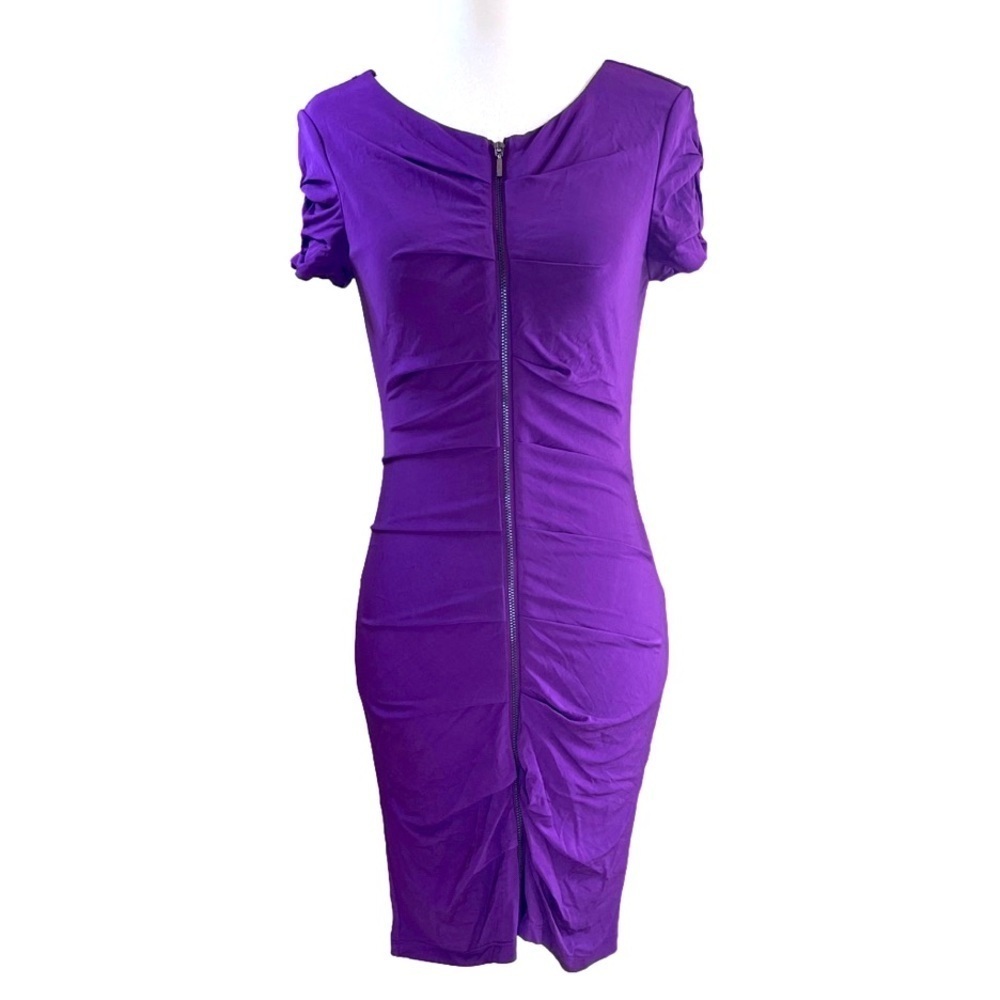 Bebe Ruched Bodycon Zip Front Knot Back Plum Passion Dress